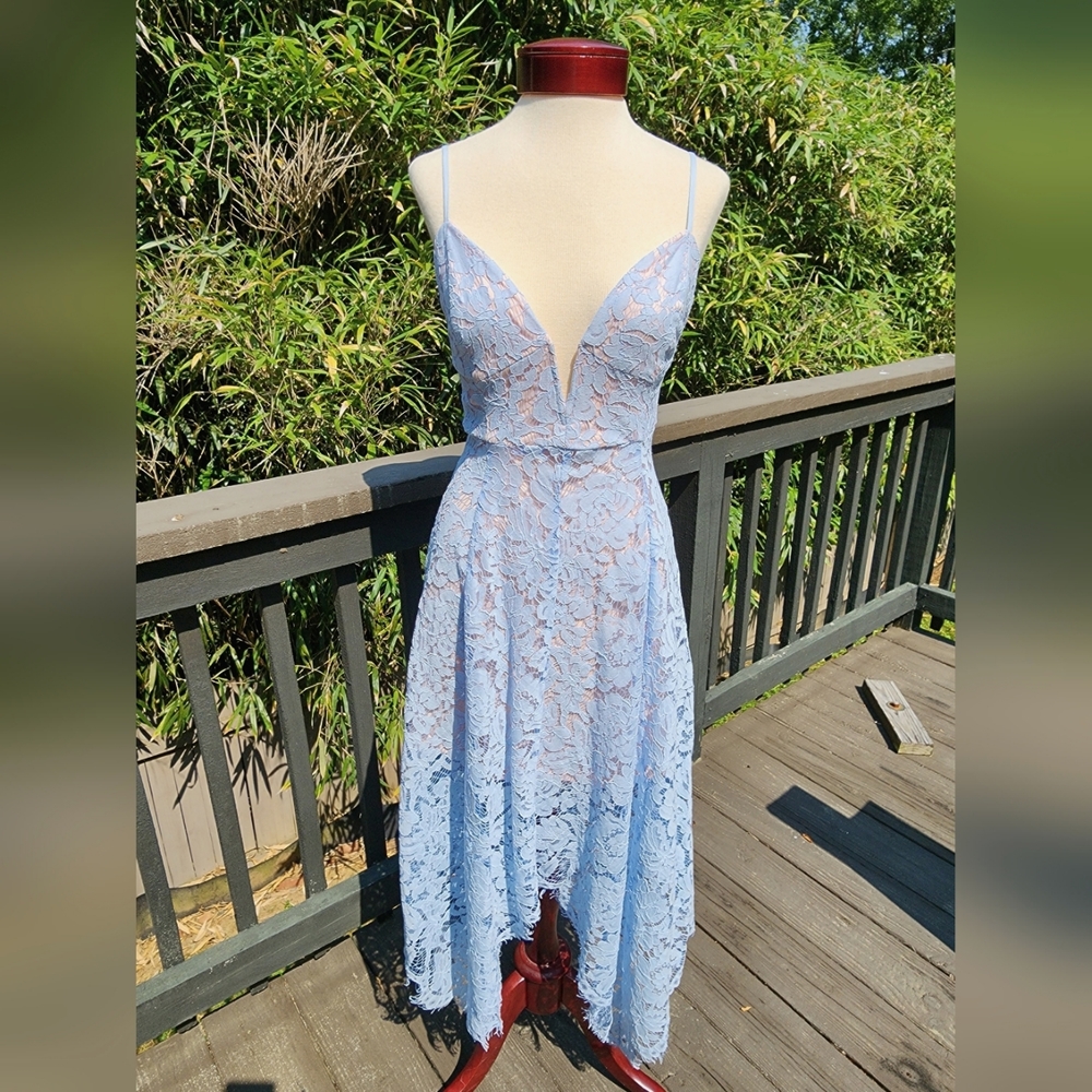 NWT Asymmetrical Light Blue Lace Dress with Plunging Neckline